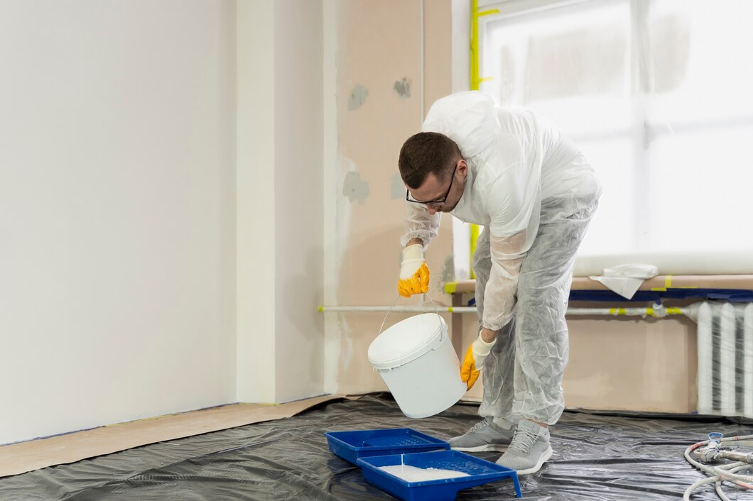 Hombre preparando pintura para pared interior blanca.