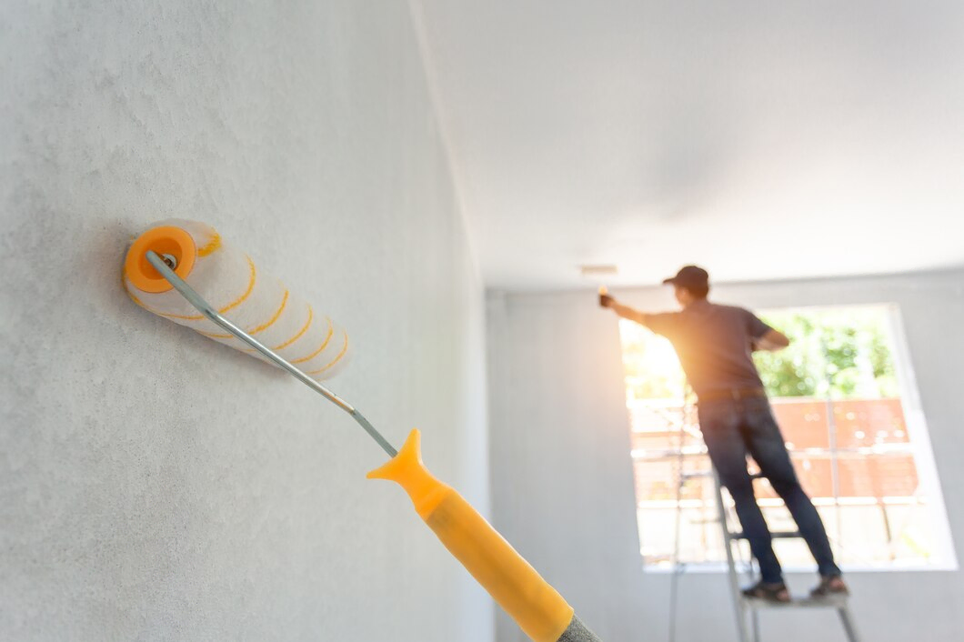 Hombre pintando pared interior con rodillo.